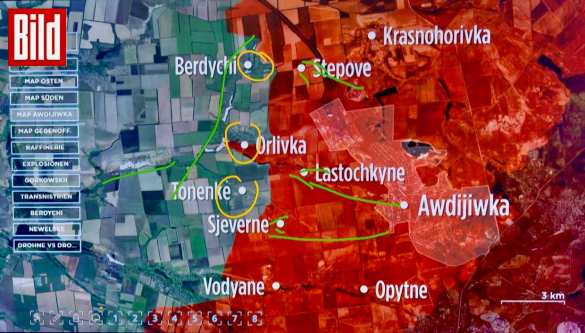 Карта боевых действий на Украине, Фронт западнее Авдеевки, к утру 19.03.24 г.