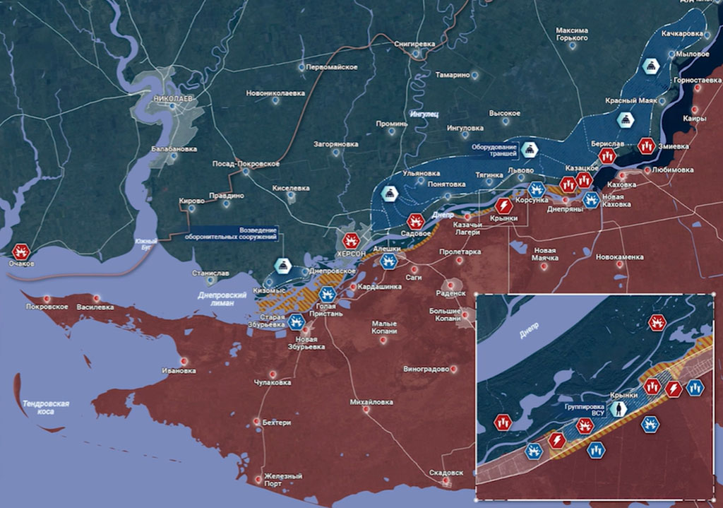 Карта боевых действий на Украине, Херсонское направление, Крынки, на 18.04.24 г. Карта СВО от «Рыбарь».