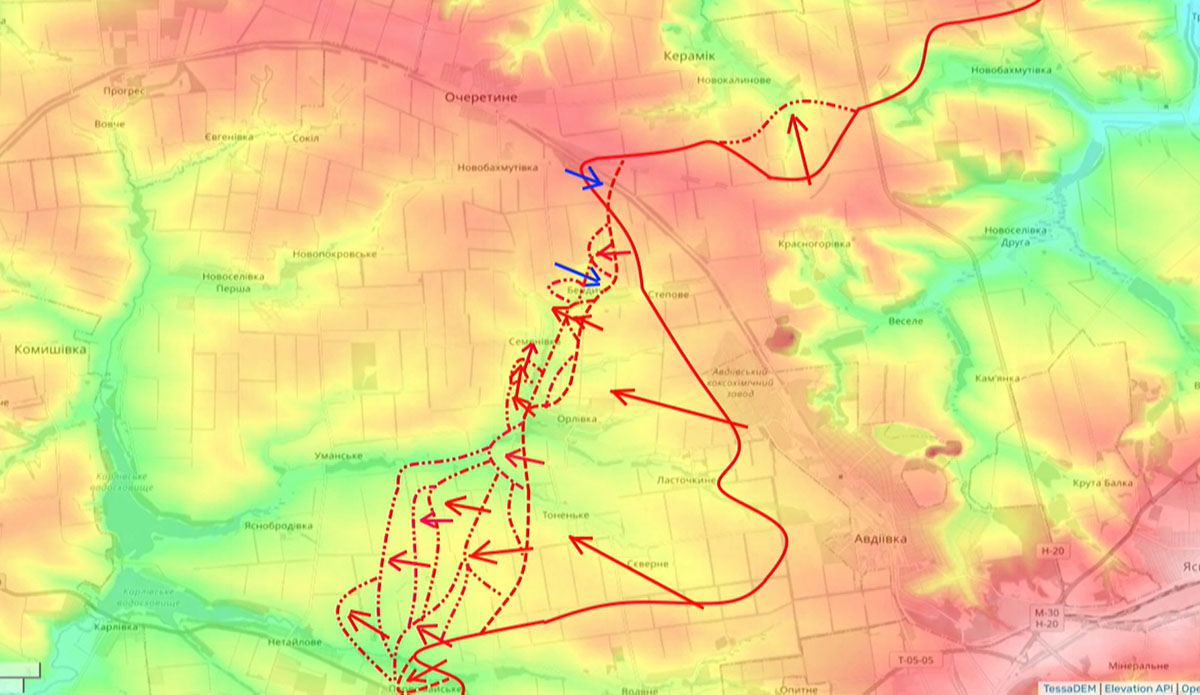 Карта боевых действий на Украине сегодня, Донецкое направление, Движение фронта западнее Авдеевки, 09.04.24 г. Карта СВО от Юрия Подоляки.