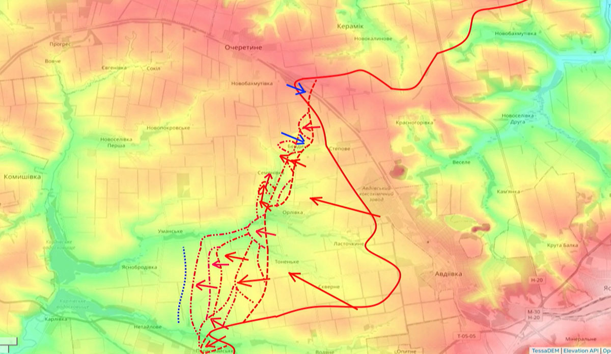 Карта СВО сегодня, Донецкое направление, Движение фронта западнее Авдеевки, 05.04.24 г. Карта СВО от Юрия Подоляки.